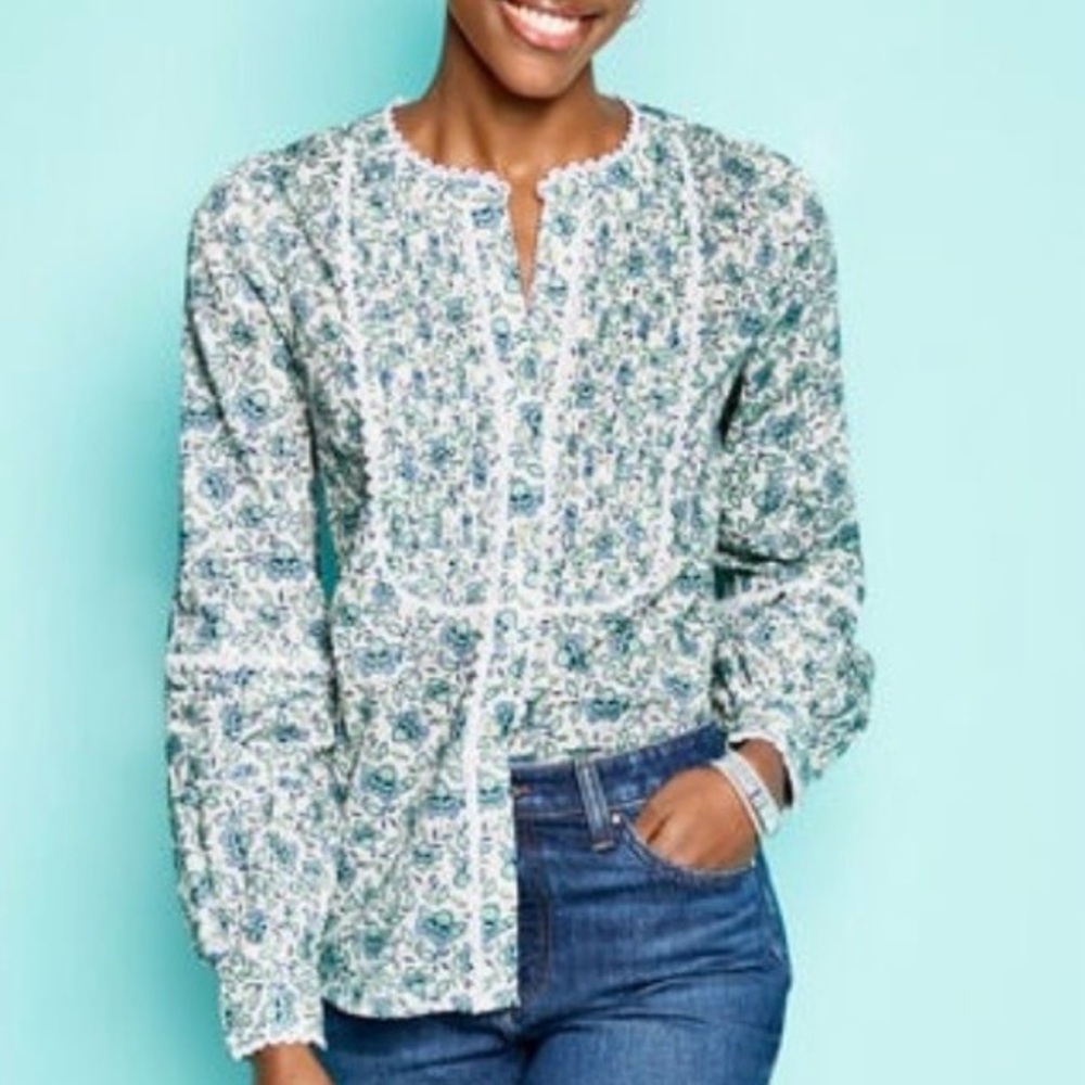 Talbots Scallop Lace Trim Top Petite Small Blooming Daffodils Floral Pintucks PS